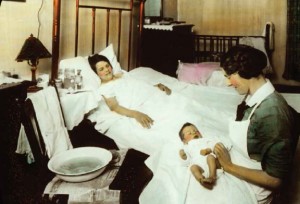 U of T Nursing used this tinted glass lantern slide of an “infant hygiene visit” in its early public health program.