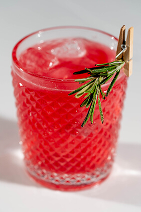 picture of red coloured beverage with ice and sprig of rosemary